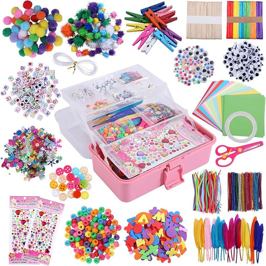 Qukou Kids Craft Supplies with 3-Tier Storage Box - 1400+ Art Kit with Beads, Feathers, Pompoms & Tools- Creative Gift for Ages 3-12, Portable Organizer for School, Travel, Birthday, Christmas