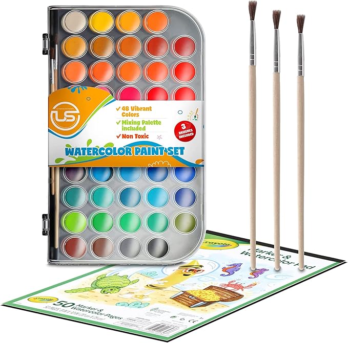 Watercolor Paint Set- Premium 48 Watercolor Paint with Watercolour Book, Water Color Palette and 3 Paintbrushes. Great Water Colors for Adults and Kids