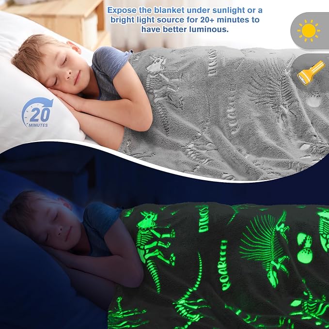 Dinosaur Toys Gifts for Boys Girls - Dino World Glow in The Dark Blanket Best Birthday Christmas Valentines Easter Presents for Kids Toddler Age 1 2 3 4 5 6 7 8 9 10 Years Old Child Soft Throw 50"x60"