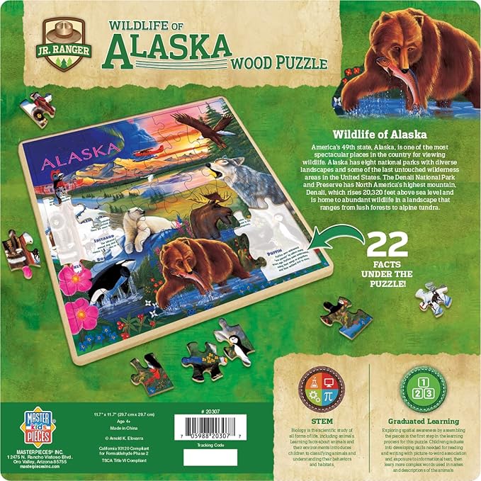 MasterPieces 48 Piece Fun Facts Jigsaw Puzzle for Kids - Jr Ranger Alaska Wildlife Wood Puzzle - 12"x12"