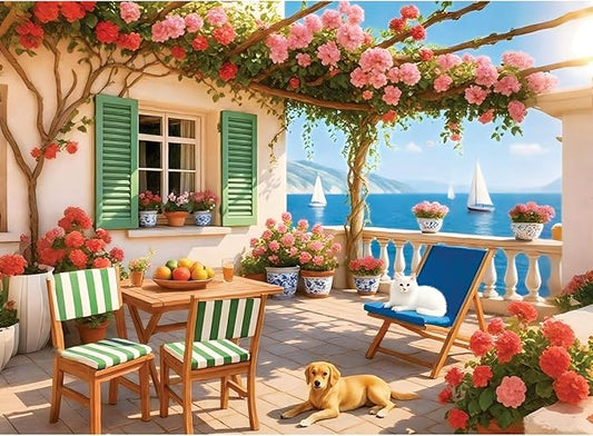 500 Piece Puzzles for Adults, Cozy Seaside Terrace Scene Jigsaw Puzzles with Dog and Cat, Relaxing 500 Piece Puzzle, Perfect for Family Time, Wall Decor, Gift for Adults, Kids, Seniors, 20.5 x 15 in