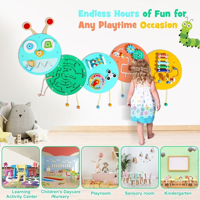 Wall Activity Panels Busy Board: Caterpillar Montessori Sensory Toys for Toddlers - Learning Activity Center Children's Daycare Nursery Playroom Essentials