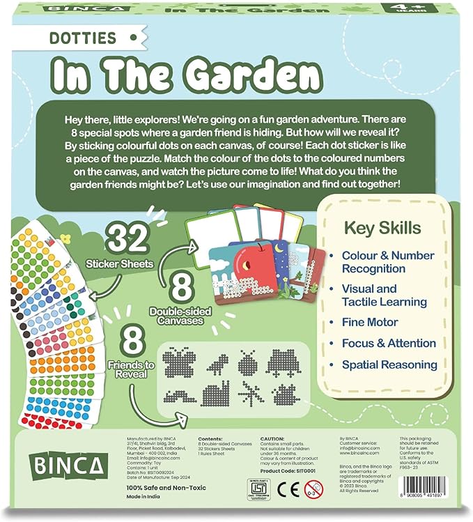 BINCA Dotties Dot Art Activity Kit, 1500+ Stickers, 8 Garden Animals Mess-Free Activities, DIY Dot Sticker Art for Toddlers, Kids Travel Activities, Craft Kits & Gifts for Boys & Girls Ages 4,5,6,7