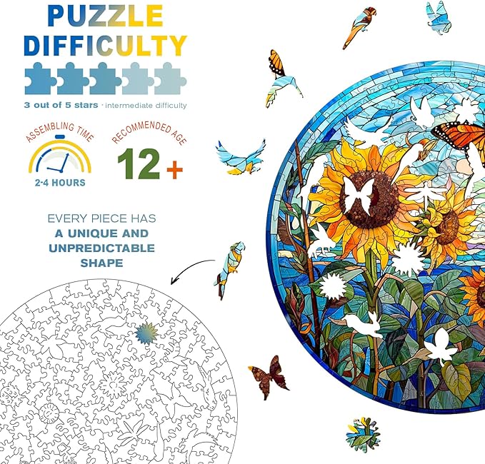 Wooden Puzzles for Adults - Stained Glass Sunflower Wooden Jigsaw Puzzle - Unique Animal Shaped Wood Puzzles Adult - Christmas Birthday Gifts for Adults/Friends/Family - 100pcs 8.5 * 8.5in
