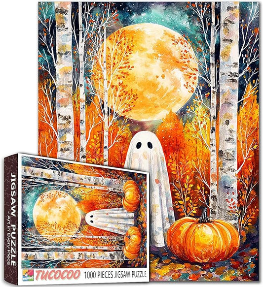 Halloween Puzzle for Adults 1000 Pieces Cute Ghost in Autumn Forest Jigsaw Full Moon Pumpkin Fall Aesthetic Puzzles Spooky Fun Challenging Puzzle for Women Men Teens Family Halloween Decor Gift