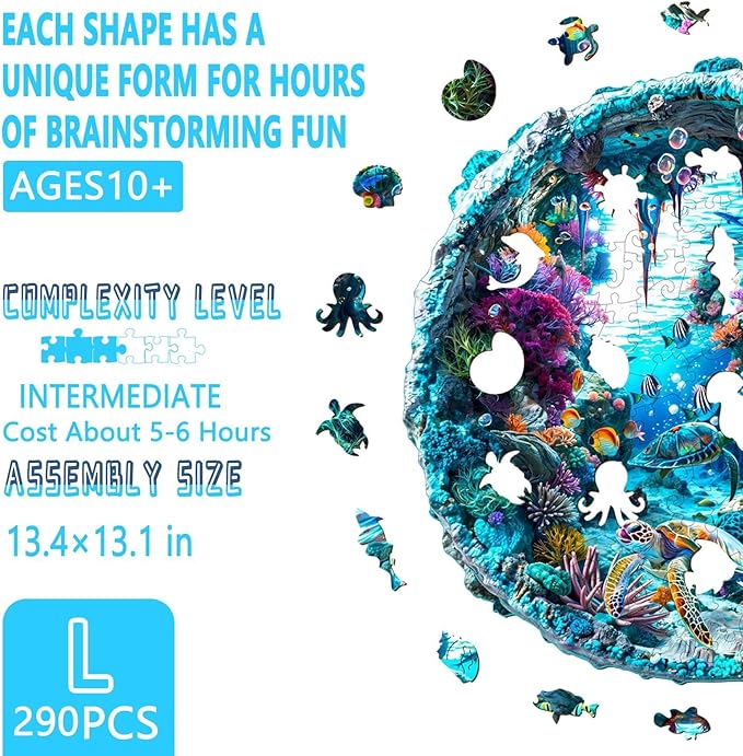 Wooden Puzzles for Adults, Flat Puzzle with 3D Visual Effect, Seabed Wooden Jigsaw Puzzles for Adults, Sea Turtle Wood Puzzles Adult, Unique Animal Shape, Wall Art Canvas Puzzle (L-13.4*13.1in-290pcs)