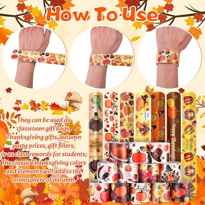 LUYI 144 Pcs Thanksgiving Slap Bracelets，Thanksgiving Party Favors Supplies -36 Different Designs Bracelets Bulk for Thanksgiving Decorations Treat Toys Bag Stuffers Gift