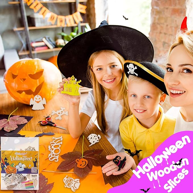 Shindel Halloween Crafts for Kids, 72PCS Wooden Halloween Decorations, 12 Styles Unfinished Wood Cutouts, Wood Ornaments for DIY Gifts Home Office Party Yard Hanging