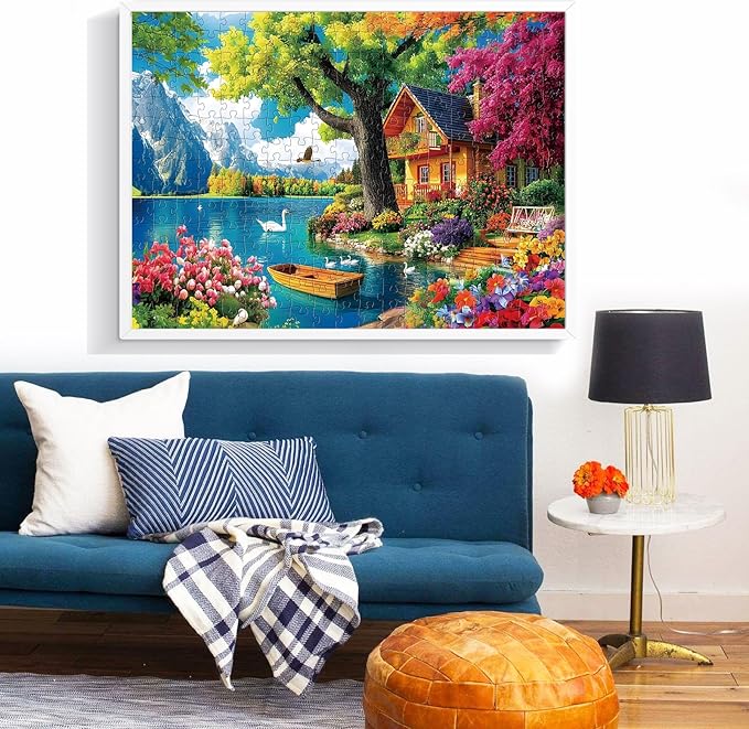 300 Piece Puzzles for Adults,Vintage Lake House Jigsaw Puzzle for Adults Kids Elderly,Large Piece Tree Puzzle for Kids Age 8-10 10-12,Challenging Landscape Puzzle,Family Game Great Gift 20.5x15in