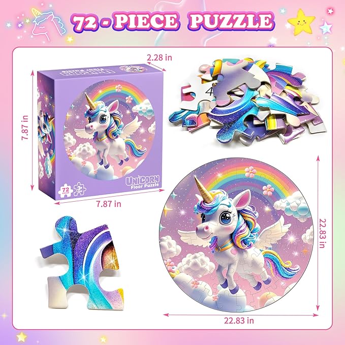 72 Pieces Shimmery Jumbo Unicorn Floor Puzzle for Girls 3-5 4-6 Age Floor Puzzles for Boys and Girls Large Round Floor Jigsaw Puzzles (Unicorn)