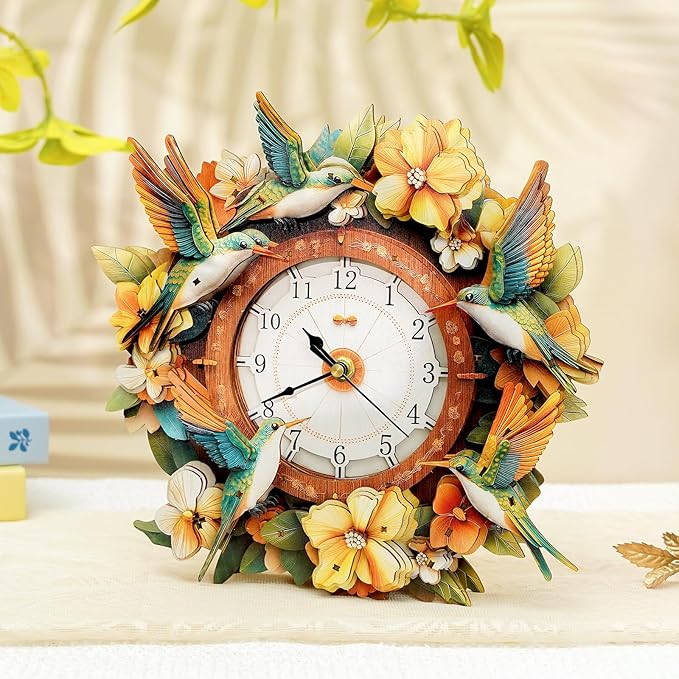 3D Wooden Puzzles for Adults Hummingbird Clock - Wall ‌‌Clock Puzzle Xmas Room Model Building Kit Creative Art Craft Gift Home Decor for DIY Enthusiasts, Brain Teaser Building Set Birthday Gifts