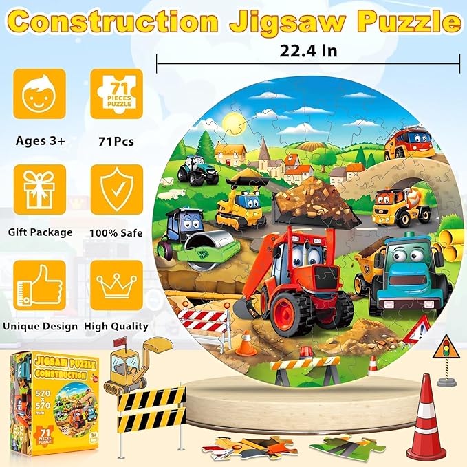 Christmas Floor Puzzles Monster Truck for Kids Ages 3 5, 71pcs Construction Site Large Jigsaw Toddler Puzzles, Children Learning Preschool Educational Toys Birthday Gift for 4 6 8 Years Old