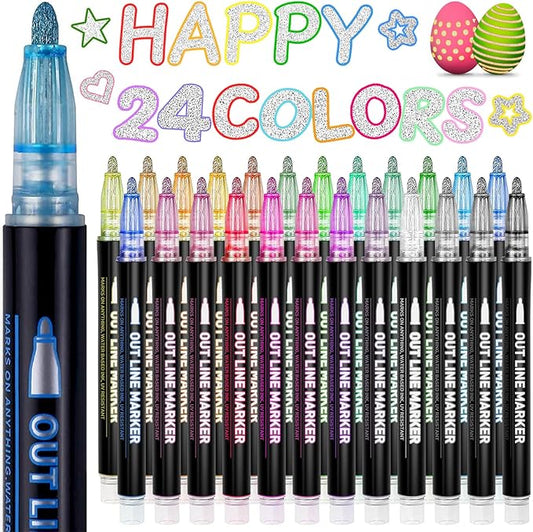 Teen Girl Gifts Trendy Stuff, 24 Shimmer Markers Outline Glitter Pens, Arts Crafts Kids Ages 8-12, Art Supplies for Kids 9-12, 8 Year Old Girl Birthday Gifts for 10 Year Old Girls