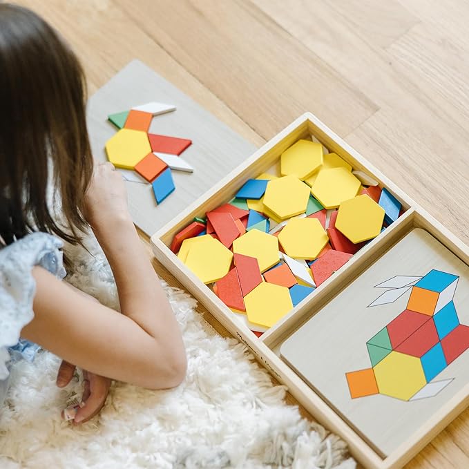 Melissa & Doug Pattern Blocks and Boards with 120 Multi-Colored Wooden Shape Tiles, 5 Double-Sided Puzzle Boards, Tangram Puzzles, Montessori Toys for Girls & Boys