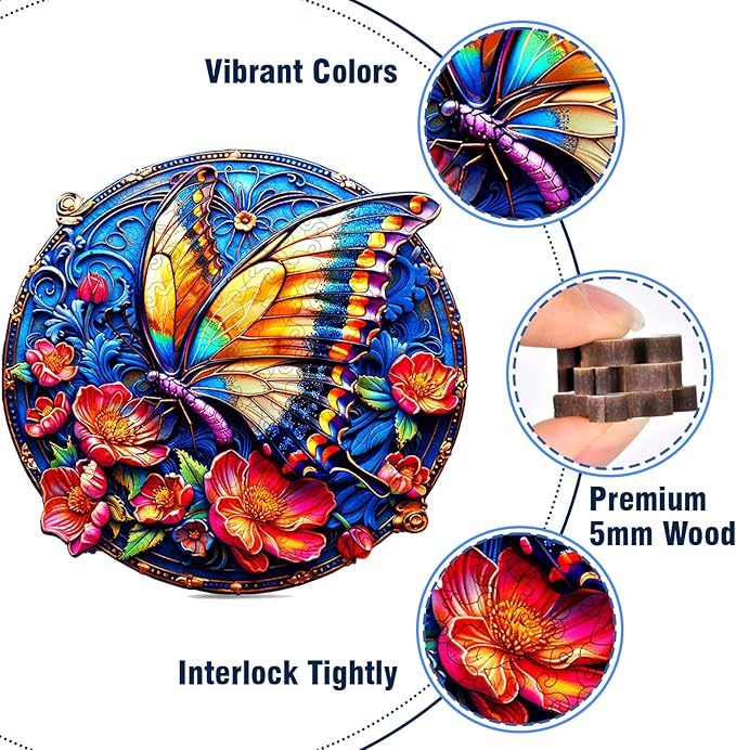 Wooden Puzzle for Adults, Butterfly Wood Puzzle, Wooden Jigsaw Puzzles with Exquisite Box, Unique Animal Shape Wood Cut Puzzles for Family Friend Puzzle Lovers, 200 Pieces 11.42" x 11.12"