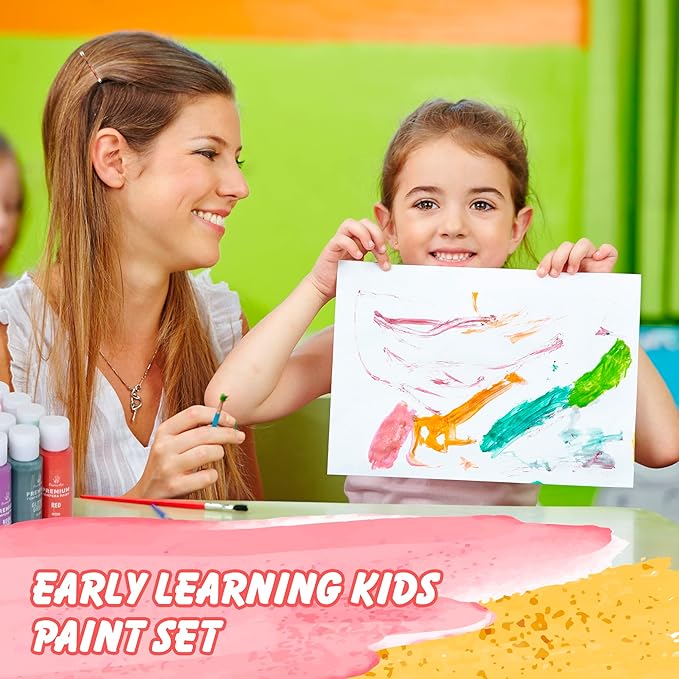 Kids Tempera Paint Set | Value Pack Includes 40 Washable Non-Toxic Colorful Paints (2oz bottles) & 15 Brushes | Metallic, Neon, Glow In The Dark, Glitter Paints | Paint For Arts & Crafts, Fun Projects
