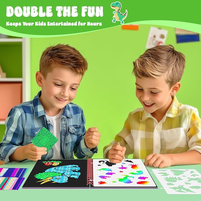 homicozy Art & Craft Activity for Kids - Foil Fun Dinosaurs & Scratch Art Book 2-in-1, No Mess Art Crafts for boys,DIY Creative Activity Kit,Gifts for Boys and Girls Ages 4, 5, 6, 7, 8, 9, Travel Toys