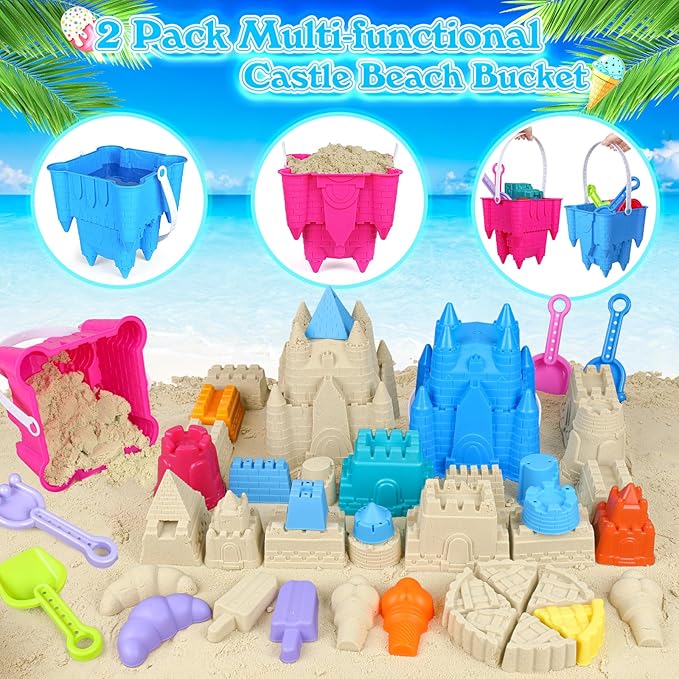 Beach Toys Sand Toys for Kids, Sand Castle Toys for Beach with 2 Sand Castle Bucket and Mesh Bag, Sand Molds, Shovels and Rakes, Sandbox Toys for Toddlers, Travel Beach Toys for Kids 3-10