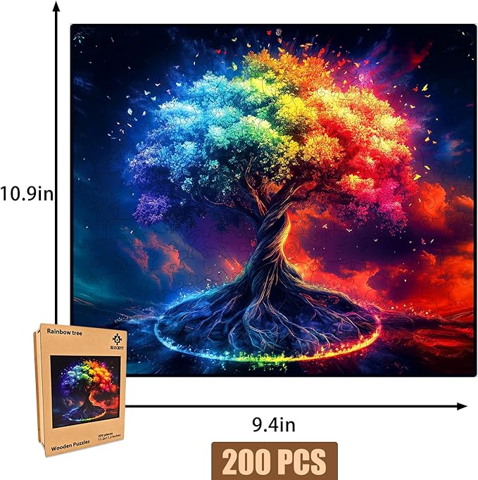 Wooden Jigsaw Puzzle, 200-500 Pieces Unique Shape Animal Puzzle, for Adults & Kids, Birthday Gift Family Game, Decorative Puzzle, Unique Gift (Rainbow Tree, 200 PCS)