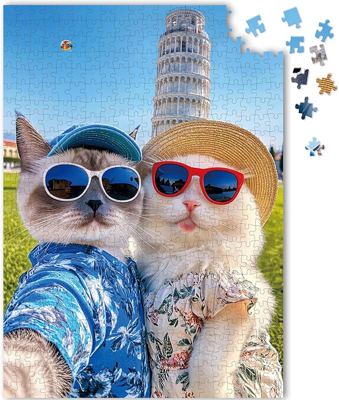 500 Piece Jigsaw Puzzle for Adults, Puzzles for Kids and Teens Family Games Cats' Selfie Against Leaning Tower 20.9×15''