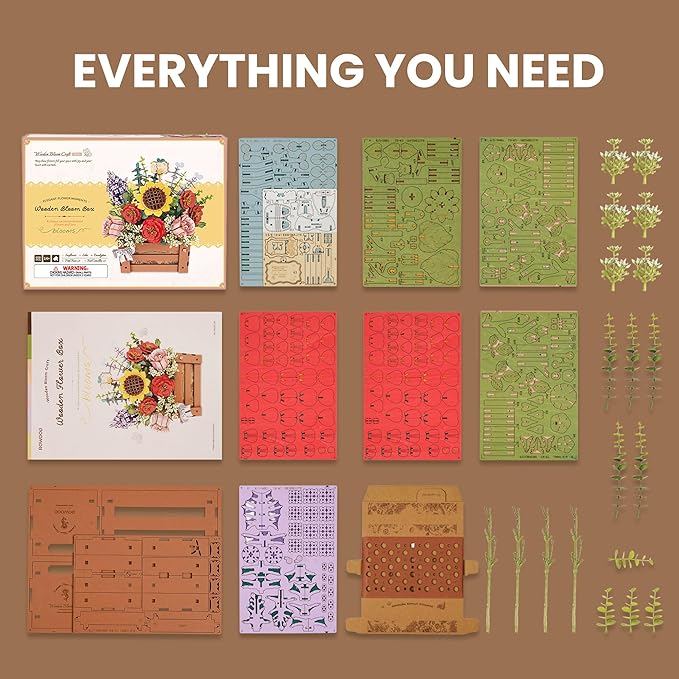 ROBOTIME 3D Wooden Bloom Box Puzzle, Adults' Flower Bouquet Building Set, Artificial Flowers Home Decor, Gift for Wedding/Mother's Day/Birthday, Wood Craft Kit