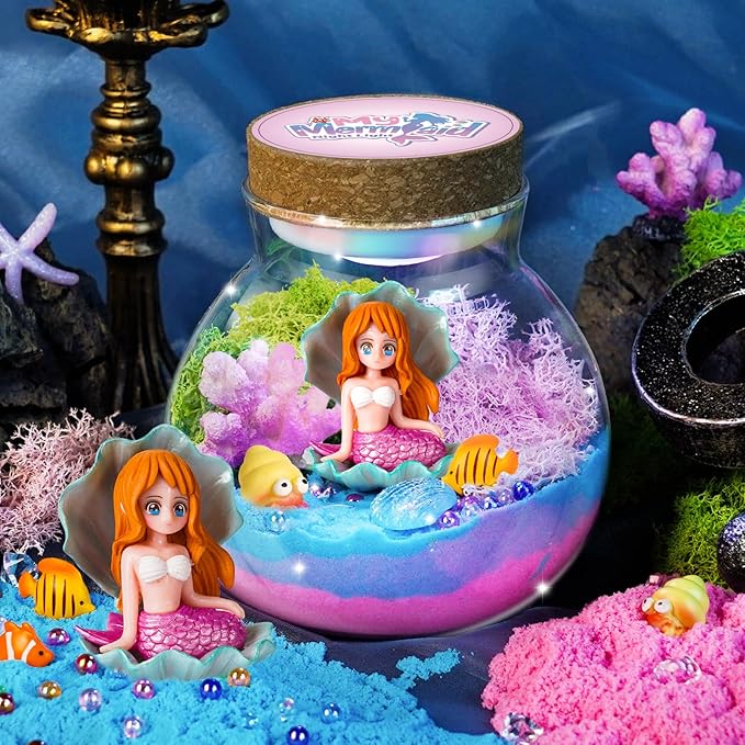 Light-Up Mermaid Terrarium Kit for Girls, DIY Arts & Crafts Gift for Girls Ages 4-6 7 8-12 Year Old, LED Night Light with Remote, Best Mermaid Birthday Decoration Toys Back to School Gifts for Kid