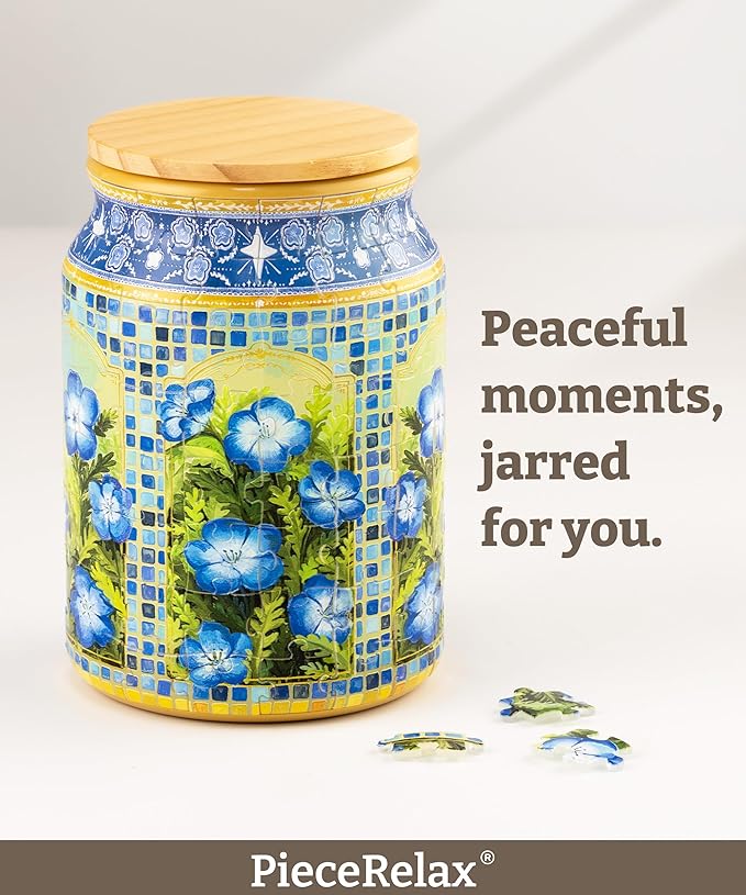 3D Puzzle Jar 128 Plastic Pieces for Adults - Wishing Blue Dianthus Use Includes Divider Pen & Utensil Holder with Wooden Lid Dining,Study Living Room Medium [BA1015]