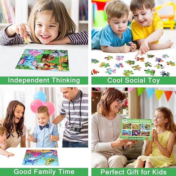 6 Packs Puzzles for Kids Ages 4-6, 24 PCS Animals Dinosaurs Farms Vehicle Ocean Space Jigsaw Puzzles for Kids Ages 3-5|4-8，Preschool Educational Puzzles Toys Gifts for 3 4 5 6 Boys Girls