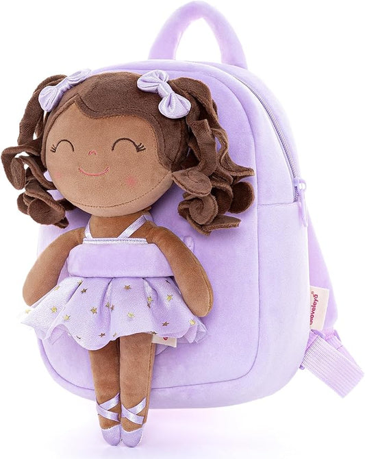 Gloveleya Toddler Backpack Baby Ballerina Girl Gifts Plush Curly Hair Ballet Backpack - Black Purple 9 inches