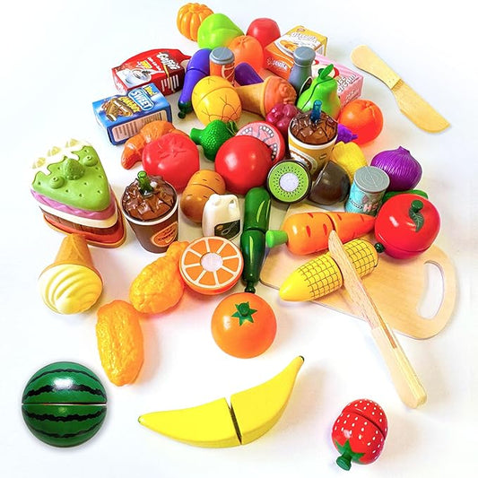 JBBRO Wooden Play Food, Wooden Toys Montessori Kitchen Tools for Toddlers 1-3, 46-Piece Realistic Cutting Set with Play Kitchen Accessories, Educational Pretend Food for Boys and Girls 18+ Months