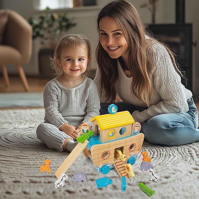 Toddlers Wooden Noah's Ark Toy Animal Playset, Shape Sorter Early Learning Montessori Toys, Baptism Gifts for 3 Boys Girls Kids