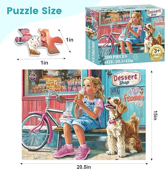 300 Pieces Ice Cream Puzzles for Adults - Puzzles for Kids Ages 6-8 8-10 10-12 - Large Piece Dog Jigsaw Puzzle - Dessert Shop Puzzle for Friends Family Activity Game Nights Gifts