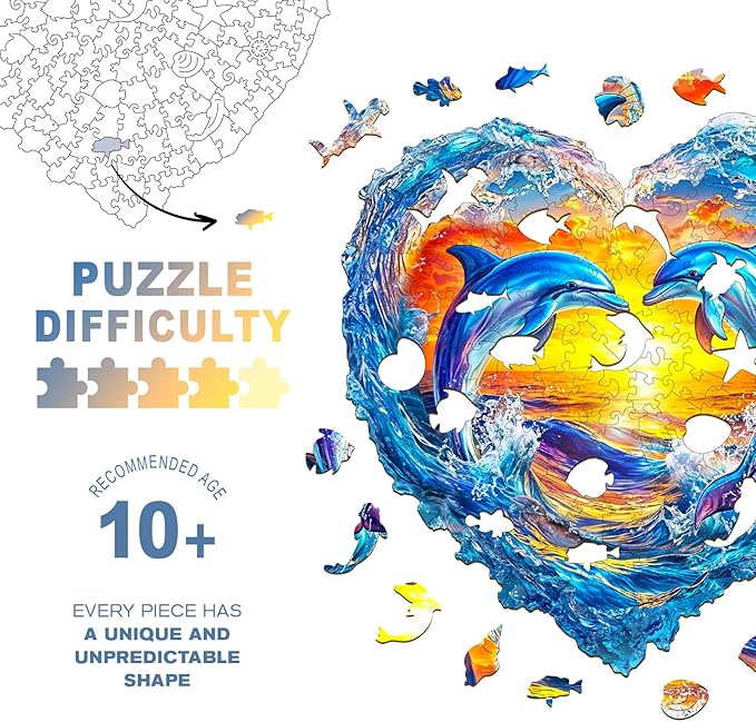 Wooden Puzzles for Adults - Heartfelt Dolphins Wooden Jigsaw Puzzle, Unique Animal Shaped Wood Puzzles Adult, Christmas Birthday Gifts for Friends/Family, Home Decor 13.4 * 13.1in 250pcs