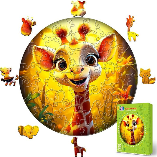 Christmas Birthday Gifts for Kids Girls Boys, Wooden Jigsaw Puzzles for Kids Ages 4-6, 50 Piece Unique Shape Animal Theme Puzzle - Preschool Learning Educational Toys for Kid 3+ (Giraffe)