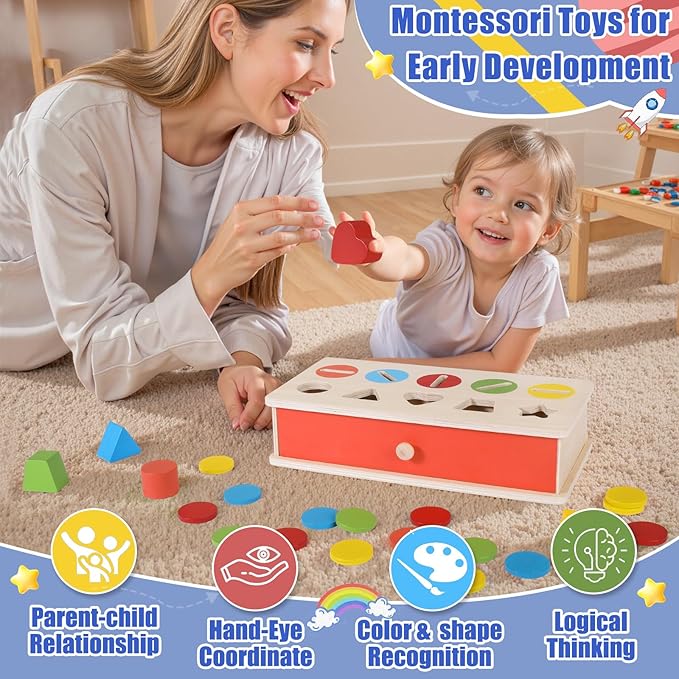 Wooden Color Shape Sorting Matching Toys, Shape Sorters for Toddlers, Fine Motor Skills Early Learning Montessori Toys, Gift for 3 4 5 6 Year Old Boy Girl Kid Gifts