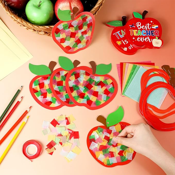 Qyeahkj 36 Set Fall Apple Suncatchers Crafts for Kids DIY Autumn Apple Window Tissue Paper Craft Kit Hanging Decor for Back to School Home Activity Art Project Birthday Party Favor Gift