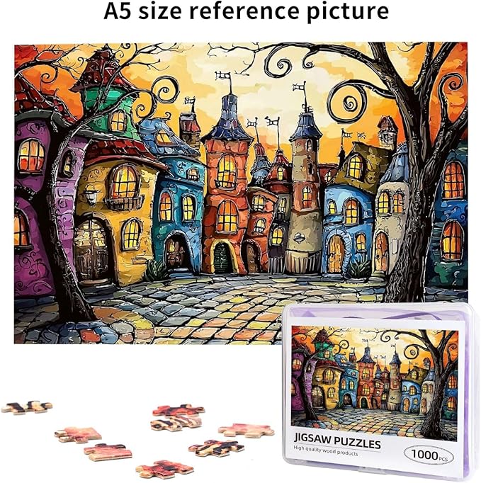 Fairytale House Puzzle 1000 Pieces，Colorful Houses Puzzles for Adults 1000 Pieces, Fairy Tale Town Puzzles，Charm Town Whimsical Jigsaw Puzzle,Magic Puzzle Art，Challenging for Night Game