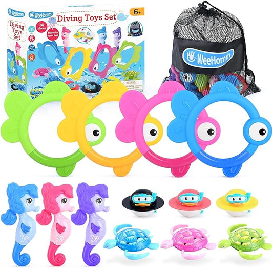 Pool Diving Toys for Kids, 14 PCS Swimming Pool Diving Rings, Summer Dive Sticks with Float Toys for Kids 4-8 8-12, Sea Animals Sinking Games for Teens, with Seahorse/Fish/Turtles/Ducks