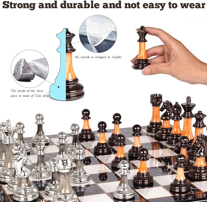 15" Large Chess Set for Adults and Kids With Weighted Acrylic Pieces, 3.5" King & Portable Folding Marbling Wooden Board - Travel Set, Family Board Game Gift, Elegant Classic Game