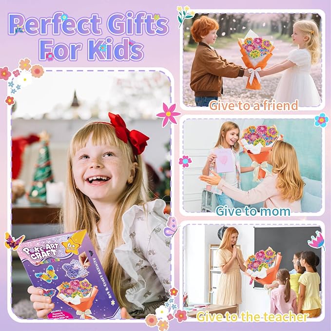 Britik Arts and Crafts for Kids Ages 8-12: Poke in Fun Art Kits for Girls, Poke Art Flower Bouquet Craft Kit, Fabric Arts for Kids DIY Flower Bouquet Kit Birthday Gift for Girls 8 9 10 11 12, Orange