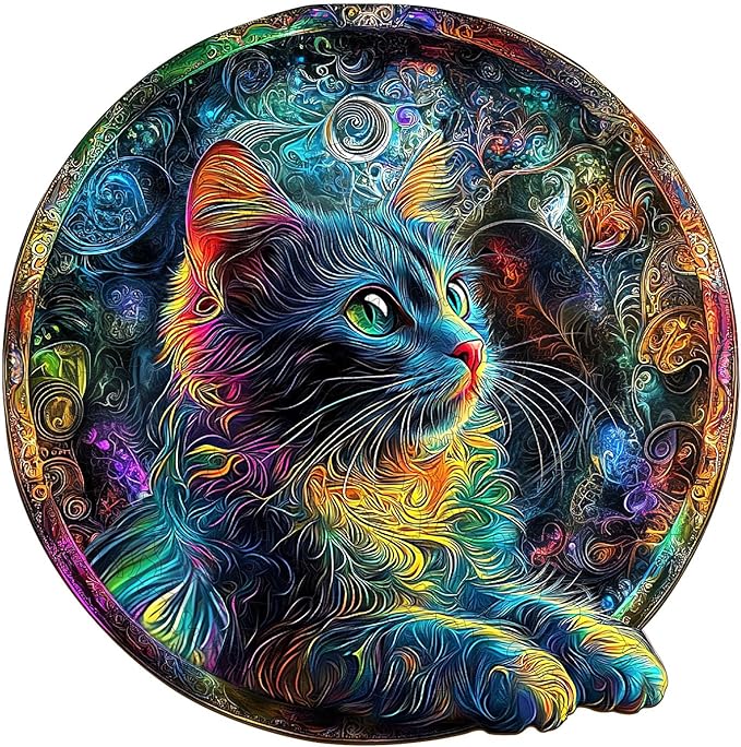 KAAYEE Wooden Puzzles for Adults, 3D Visual Colorful Cat Wooden Jigsaw Puzzle Unique Shape Wood Puzzle Adult, 3D Effect Flat Puzzle Birthday Family Games (M-11.4 * 11.4 in-200pcs)