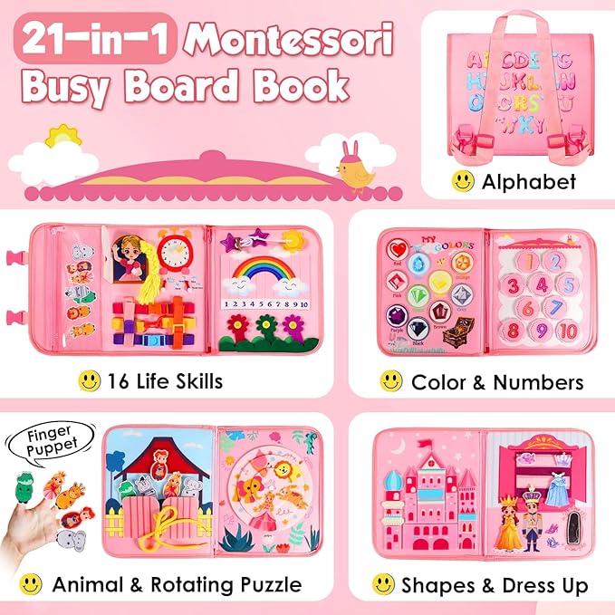 FREYBLI Toddler Busy Board, Montessori Toys for Girl Birthday Gift, Educational Quiet Activity Busy Book for Toddlers, Travel Toys for Airplane Car