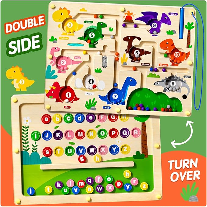 2 in 1 Magnetic Color and Number Maze Magnet Alphabet Counting Car Puzzle Double Sided Board Fine Motor Skills Montessori Preschool Toys for Boys and Girls (Color1, One Side)