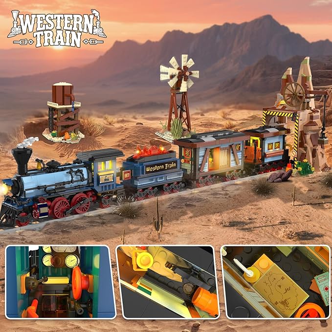 Western Train Building Set with Lights, 1912 PCS West Trains Static Display Model Toy with Tracks Windmill Water Tower, Home Office Decor Building Blocks for Adults Teens Big Boys Girls 12+