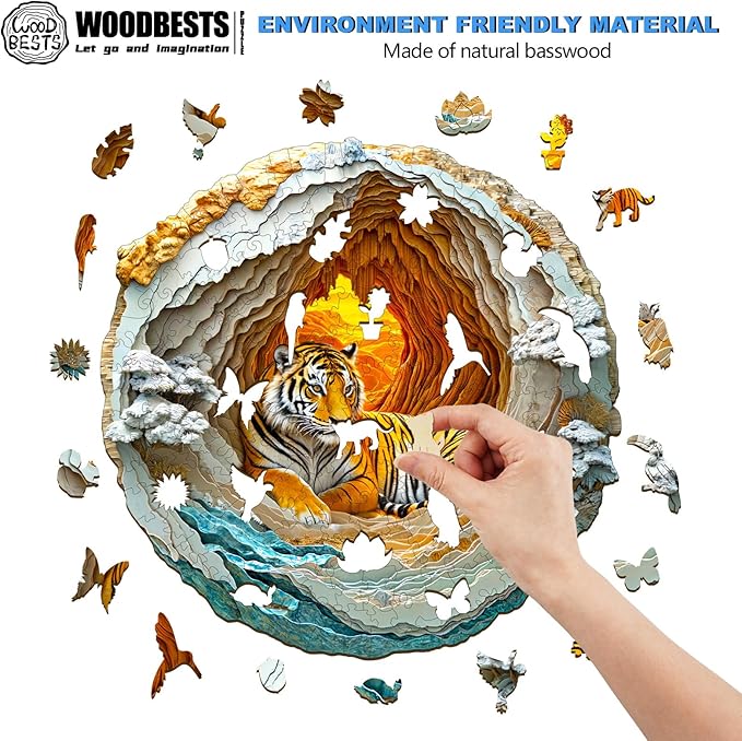 WOODBESTS Wooden Puzzles for Adults, 3D Tiger Wood Puzzles Adult(300 Pieces, L, 13.4 * 13.4in), Unique Shape Wooden Animal Jigsaw Puzzles, Birthday Gifts for Adults Family Game