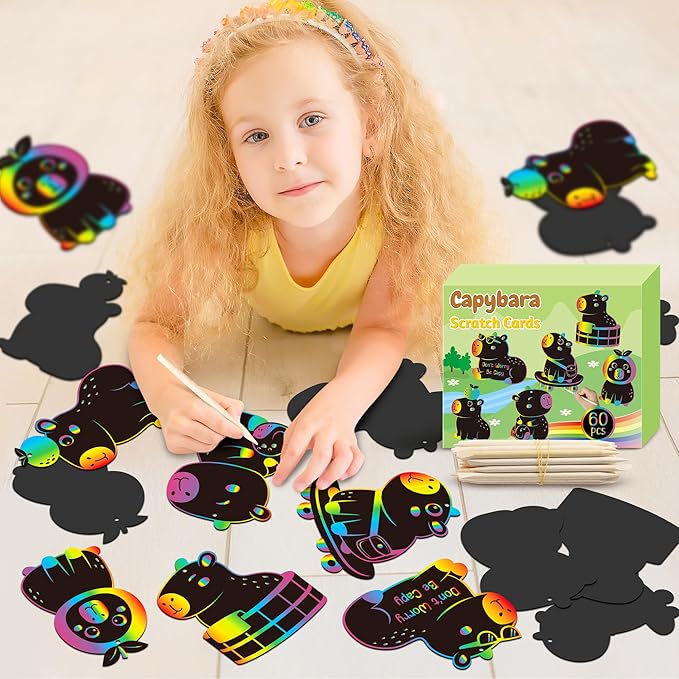 CY2SIDE Capybara Scratch Cards Ornaments - 60PCS DIY Fun Animal Scratch Paper Art for Kids School Activity, Cute Cartoon Kawaii Capybara Magic Art Rainbow Color Craft Decorations for Party Supplies