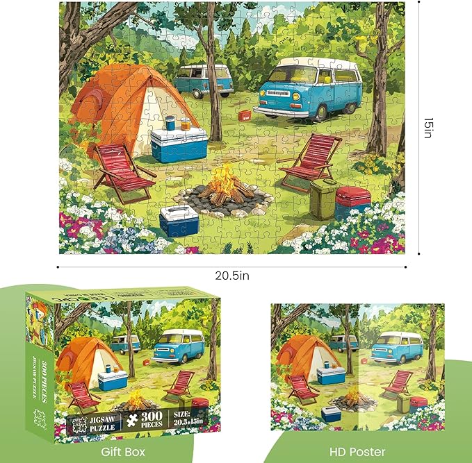 300 Piece Puzzles for Adults, Camping Scene with Tent and Vans Jigsaw Puzzle, Relaxing 300 Piece Puzzle, Perfect for Family Time, Stress Relief, Gift for Adults, Kids, Seniors, 20.5 x 15 in