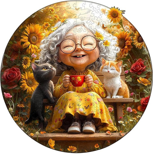 Wooden Puzzles for Adults, Sunny Afternoon Wood Puzzles Adult, Cat Sunflower Wooden Jigsaw Puzzle for Adults, Unique Shape Puzzle, Good Gift Idea for Family & Seniors (S-8.5 * 8.5in -100 Pieces)
