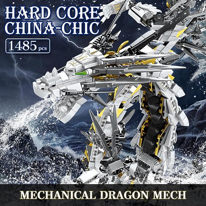HIGH GODO Dragon Building Blocks Sets for Adults, White Mechanical Dragon Animal Building Model Collectible Display Toys, Cool Creative Gifts for Boys Teens Fans (1485 Pieces)