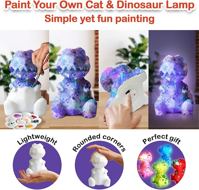 Goodyking Paint Your Own Cat & Dinosaur Lamp Art Kit 2pcs, DIY Night Light, Christmas Crafts for Teens, Painting Kit for Girls Boys Age 4 5 6 7 8+, Art Supplies Cat Craft Gift for Birthday, Party